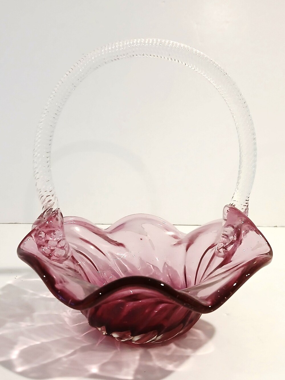 Vintafe Handblown Cranberry Pink Glass Basket with Twisted Clear Handle